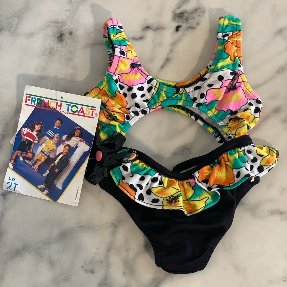 Vintage 80s French Toast One Piece Girls Vibrant Colors Bathing Suit Size 2T